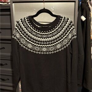 Talbots Black and White Crew Neck Sweater with Fair Isle Pattern